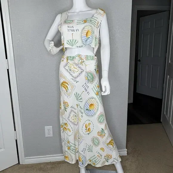 Anthropologie Paper Heart Maxi Skirt Crop Top Set La Dolce Vita Print Sz L